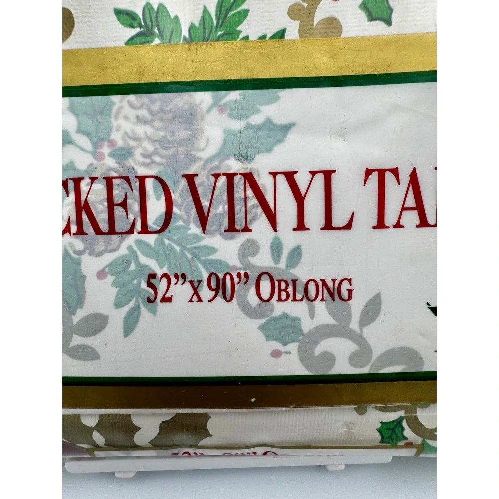VTG Town & Country Christmas Vinyl Tablecloth 52x90 Oblong Horn Holly Bow NOS